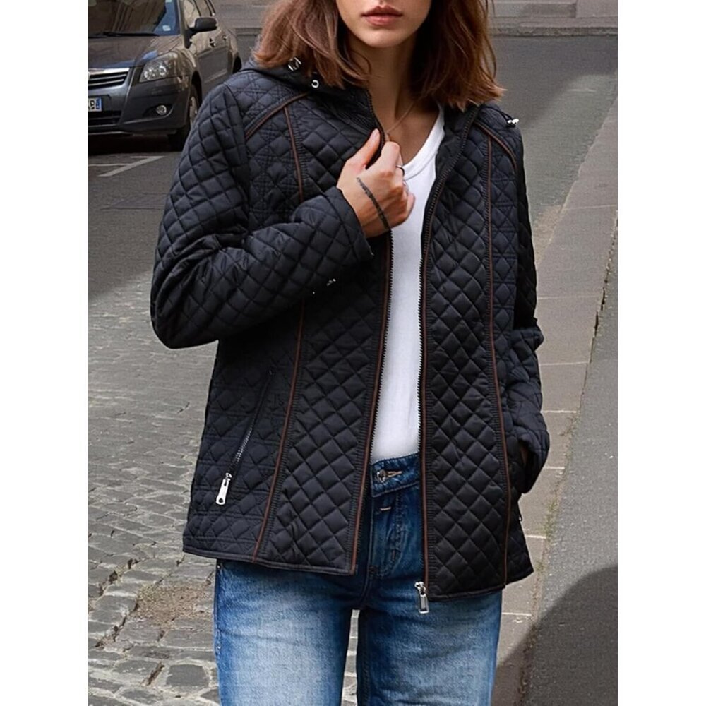 Women Black Hood Quilted Puffer Jacket Long Sleeve Short Coat Zip Up Pockets - Picture 6 of 6